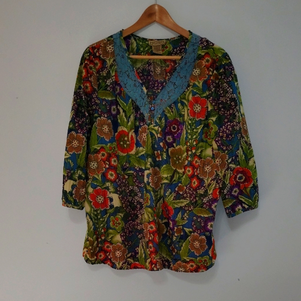 Art And Soul Blouse Size XL Multicolor Vibrant Summer Fall Lace Trim Bohemian